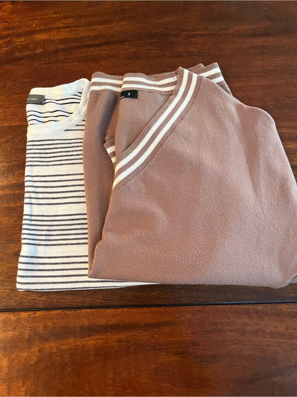 Women’s Knit Sweaters - Taupe with Stripe Trim, also white w bl stripe 2/$20